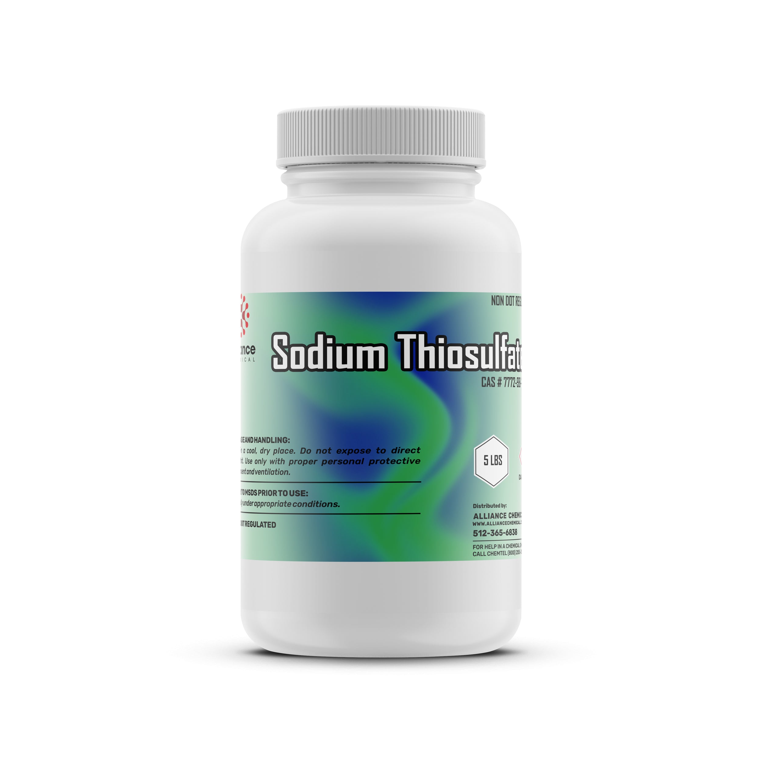 5 lb white HDPE bottle of Sodium Thiosulfate (CAS #7772-5) with safety handling instructions, blue-green gradient label and ribbed closure.